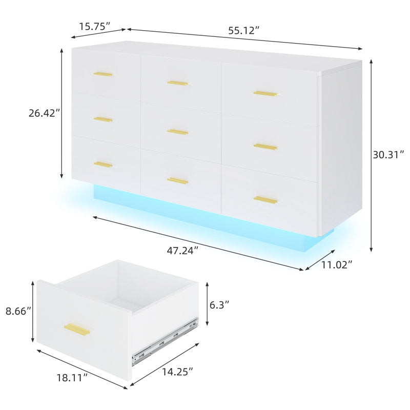 Stylish Bedroom Dresser with Ambient LED Light and Gold Accents