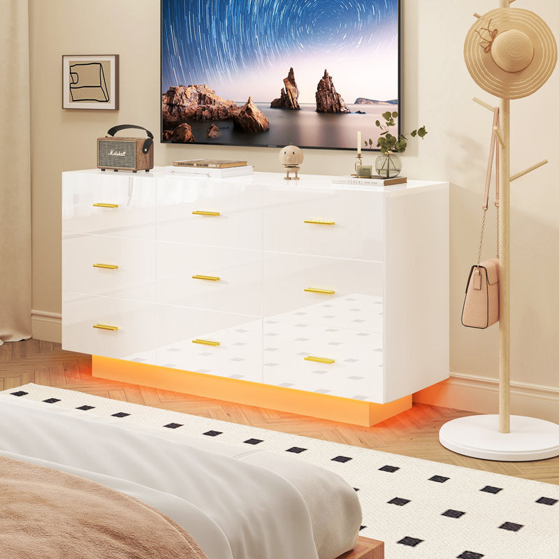 Stylish Bedroom Dresser with Ambient LED Light and Gold Accents