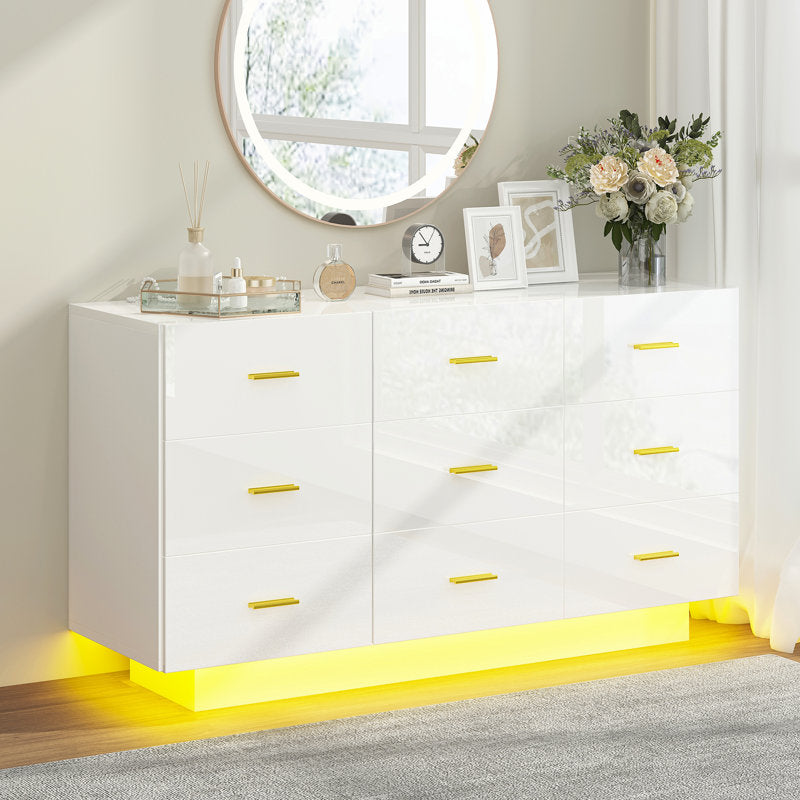 Stylish Bedroom Dresser with Ambient LED Light and Gold Accents
