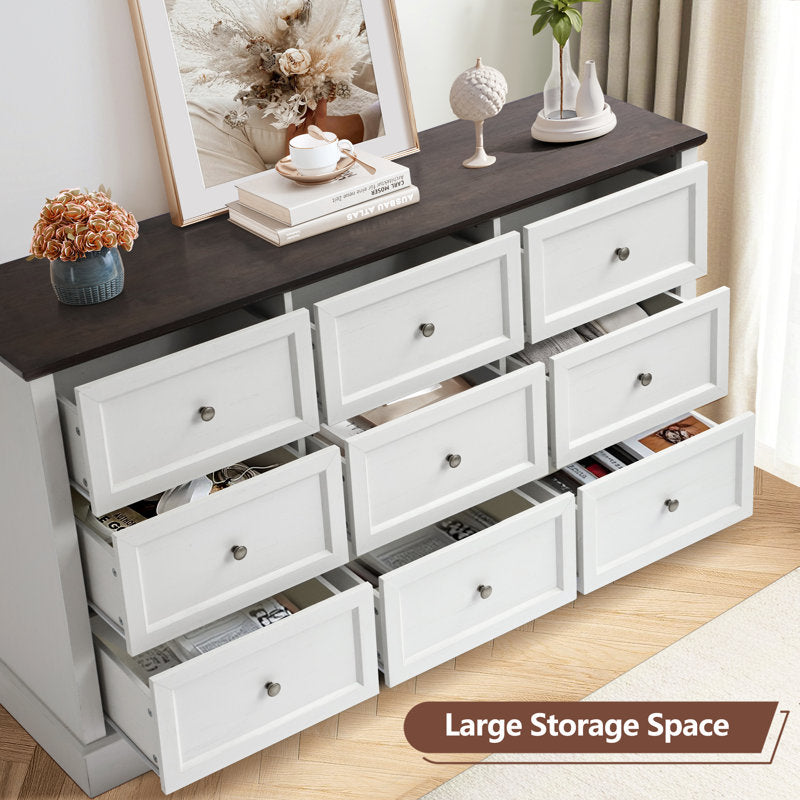 Classic 9-Drawer Dresser with Black Top and Round Knobs