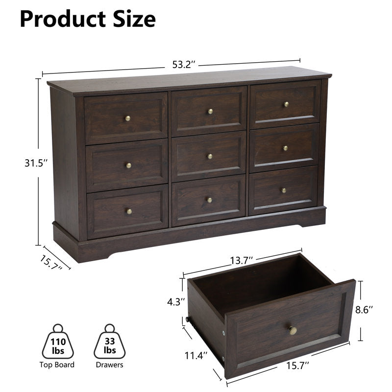 Classic 9-Drawer Dresser with Black Top and Round Knobs