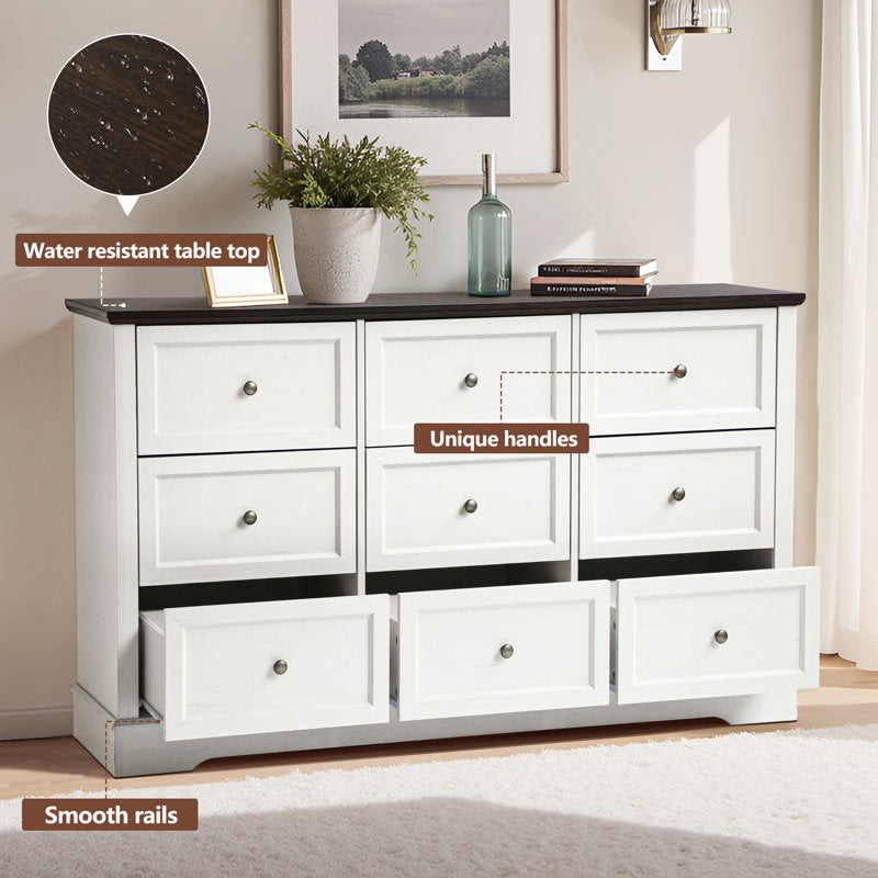 Classic 9-Drawer Dresser with Black Top and Round Knobs