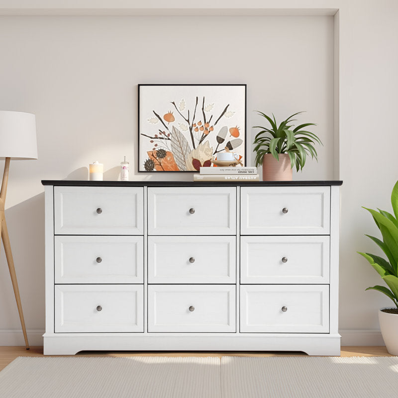 Classic 9-Drawer Dresser with Black Top and Round Knobs