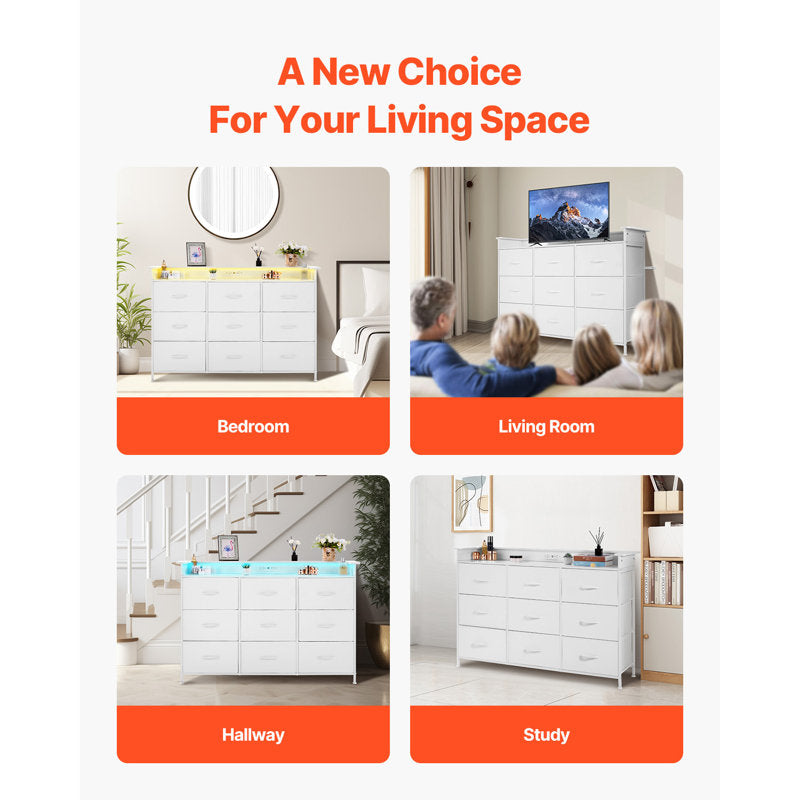 Elegant White Chest of Drawers with LED Light, Power Outlet, and Modern Design
