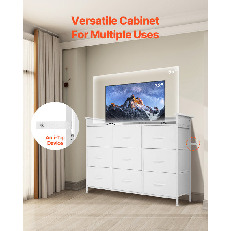 Elegant White Chest of Drawers with LED Light, Power Outlet, and Modern Design