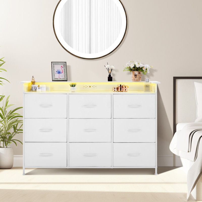 Elegant White Chest of Drawers with LED Light, Power Outlet, and Modern Design