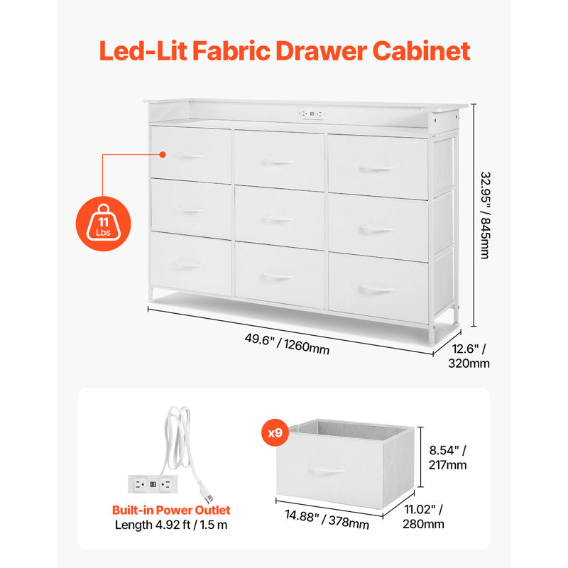 Elegant White Chest of Drawers with LED Light, Power Outlet, and Modern Design