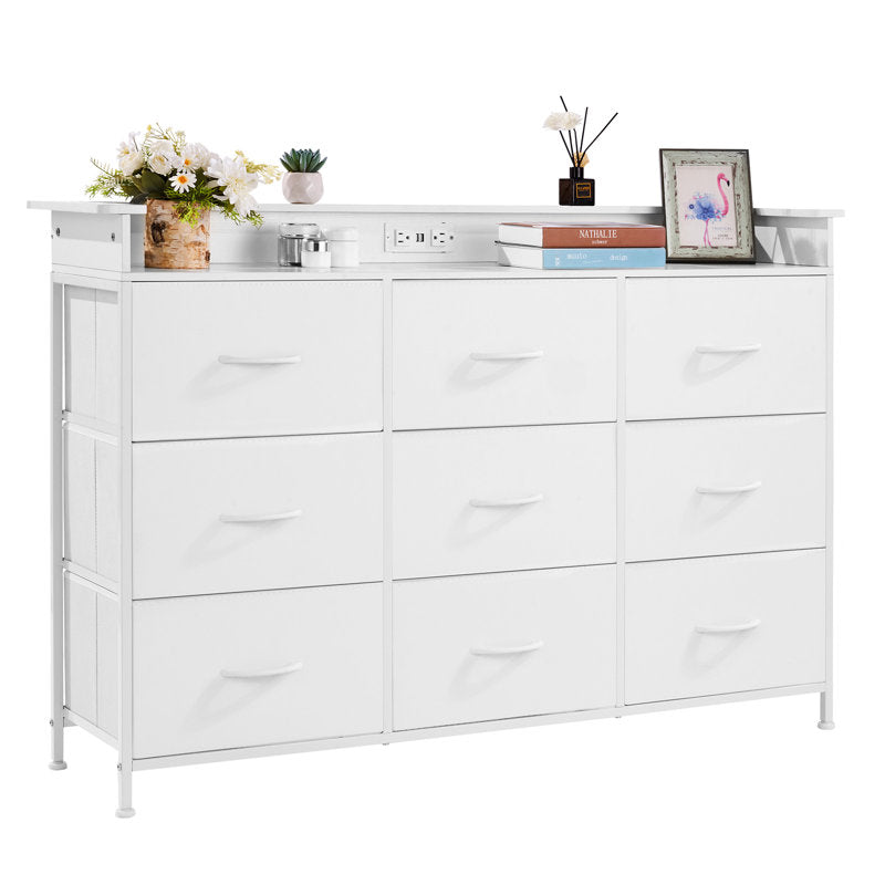 Elegant White Chest of Drawers with LED Light, Power Outlet, and Modern Design