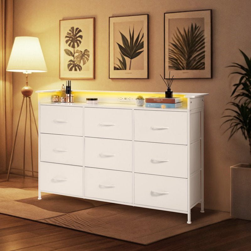 Elegant White Chest of Drawers with LED Light, Power Outlet, and Modern Design