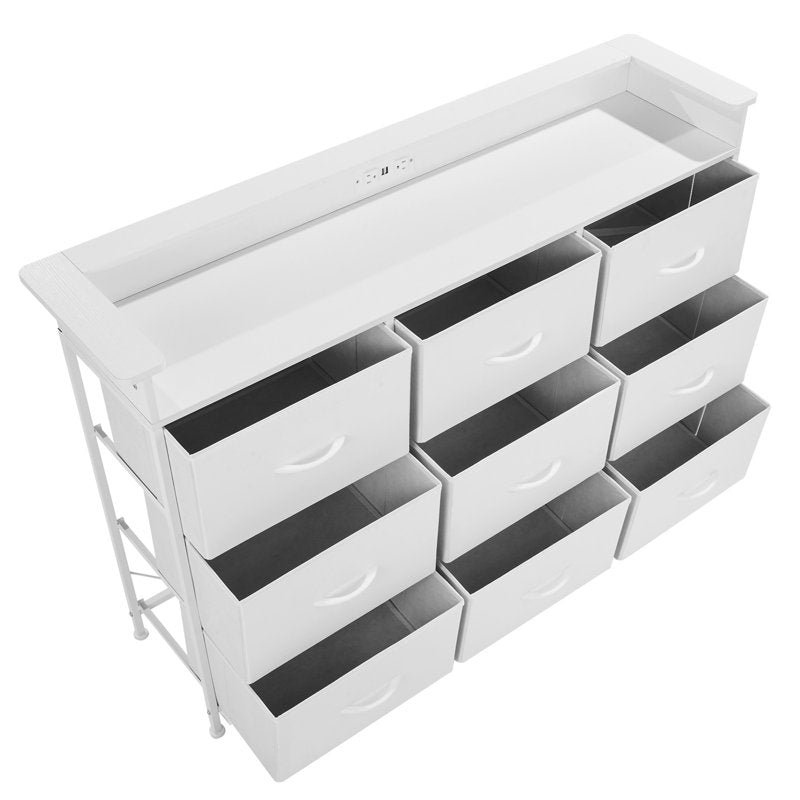 Elegant White Chest of Drawers with LED Light, Power Outlet, and Modern Design