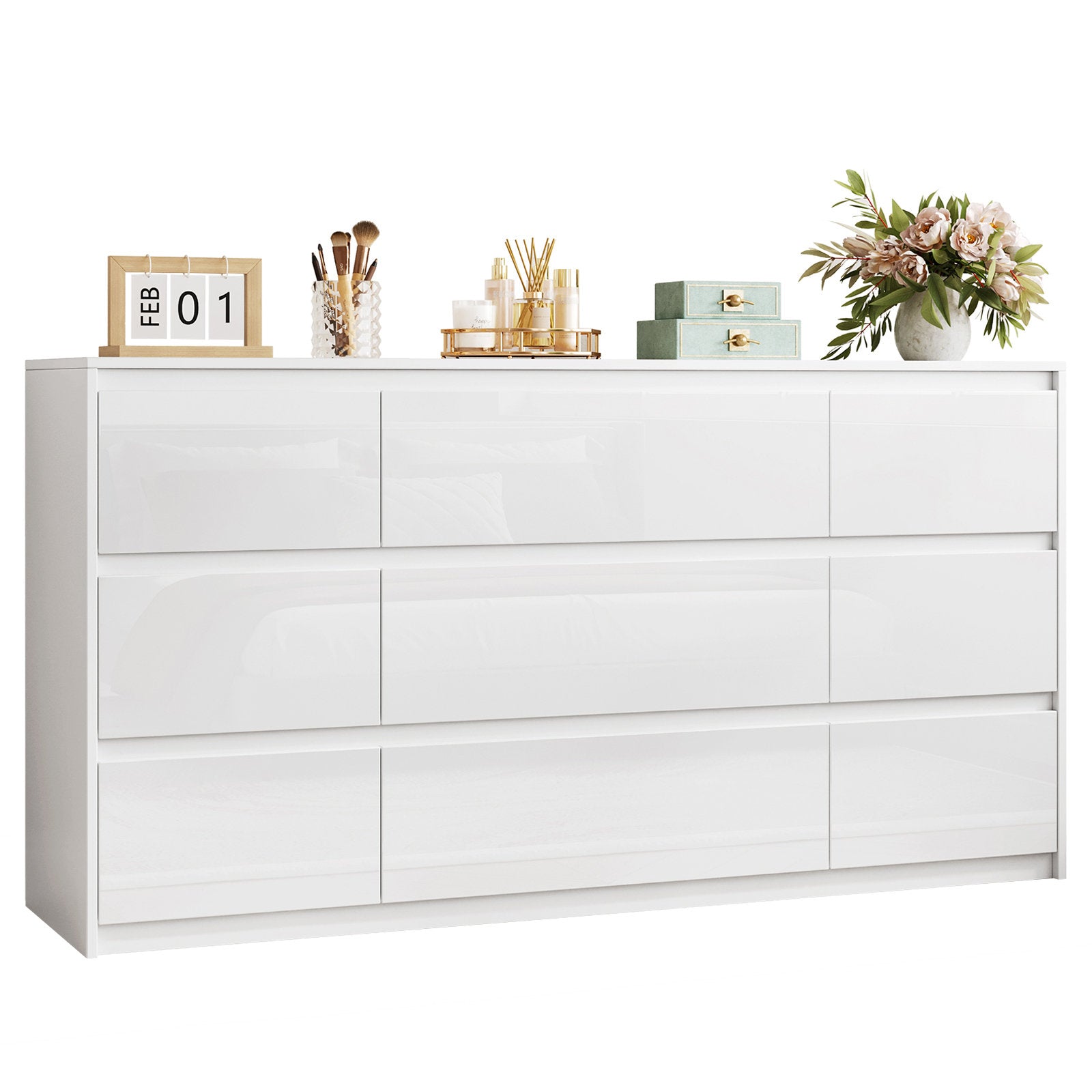 Modern White High Gloss 6-Drawer Dresser with Sleek Handleless Design