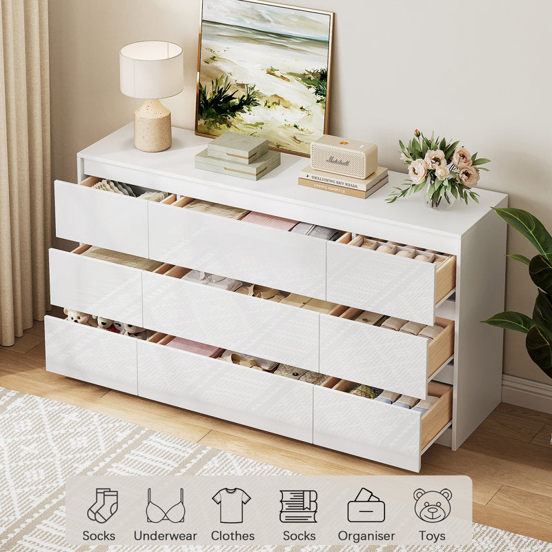 Modern White High Gloss 6-Drawer Dresser with Sleek Handleless Design