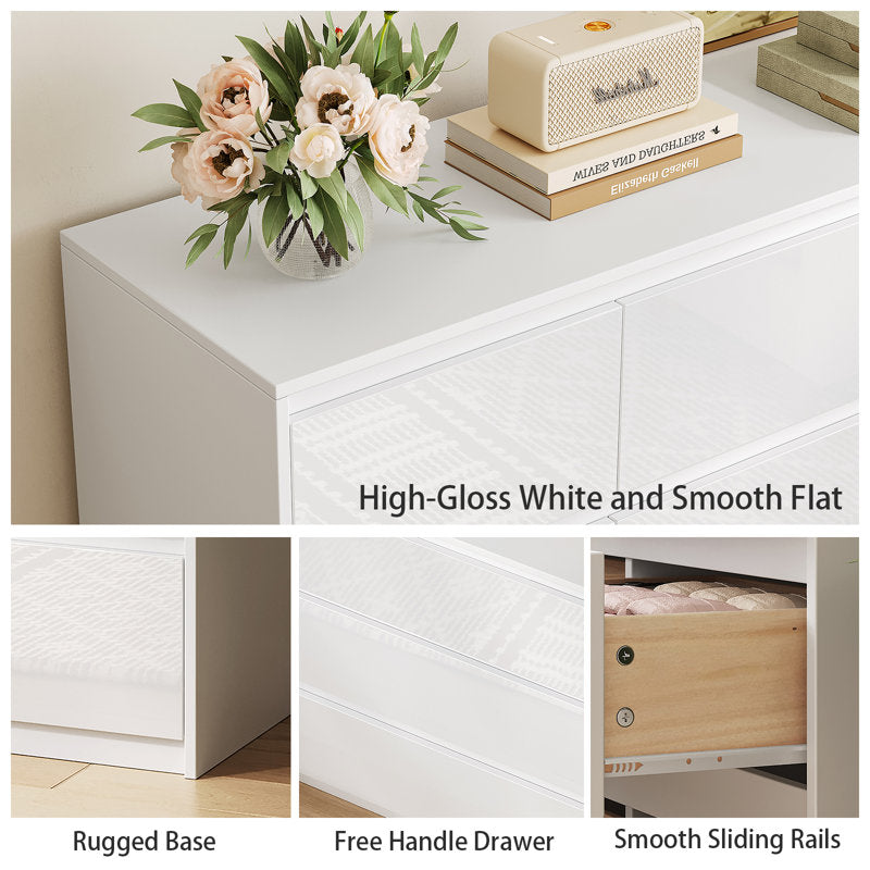Modern White High Gloss 6-Drawer Dresser with Sleek Handleless Design