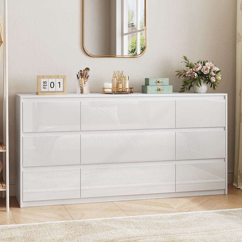 Modern White High Gloss 6-Drawer Dresser with Sleek Handleless Design