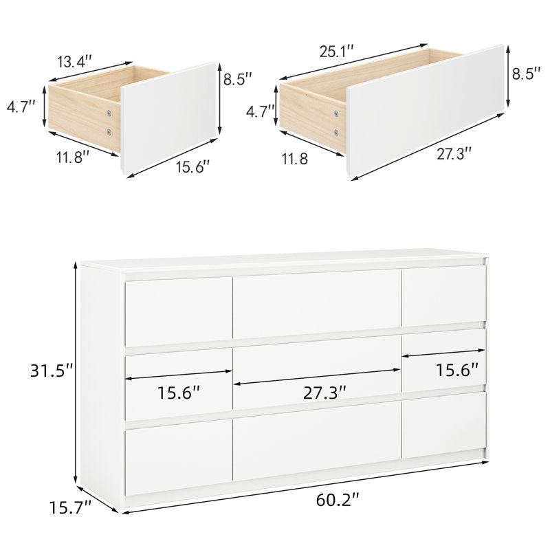 Modern White High Gloss 6-Drawer Dresser with Sleek Handleless Design