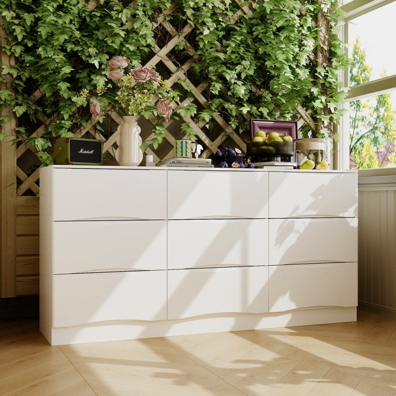 Designer White Storage Cabinet with Wave Pattern Drawers and Clean Modern Look