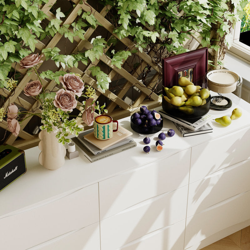 Designer White Storage Cabinet with Wave Pattern Drawers and Clean Modern Look