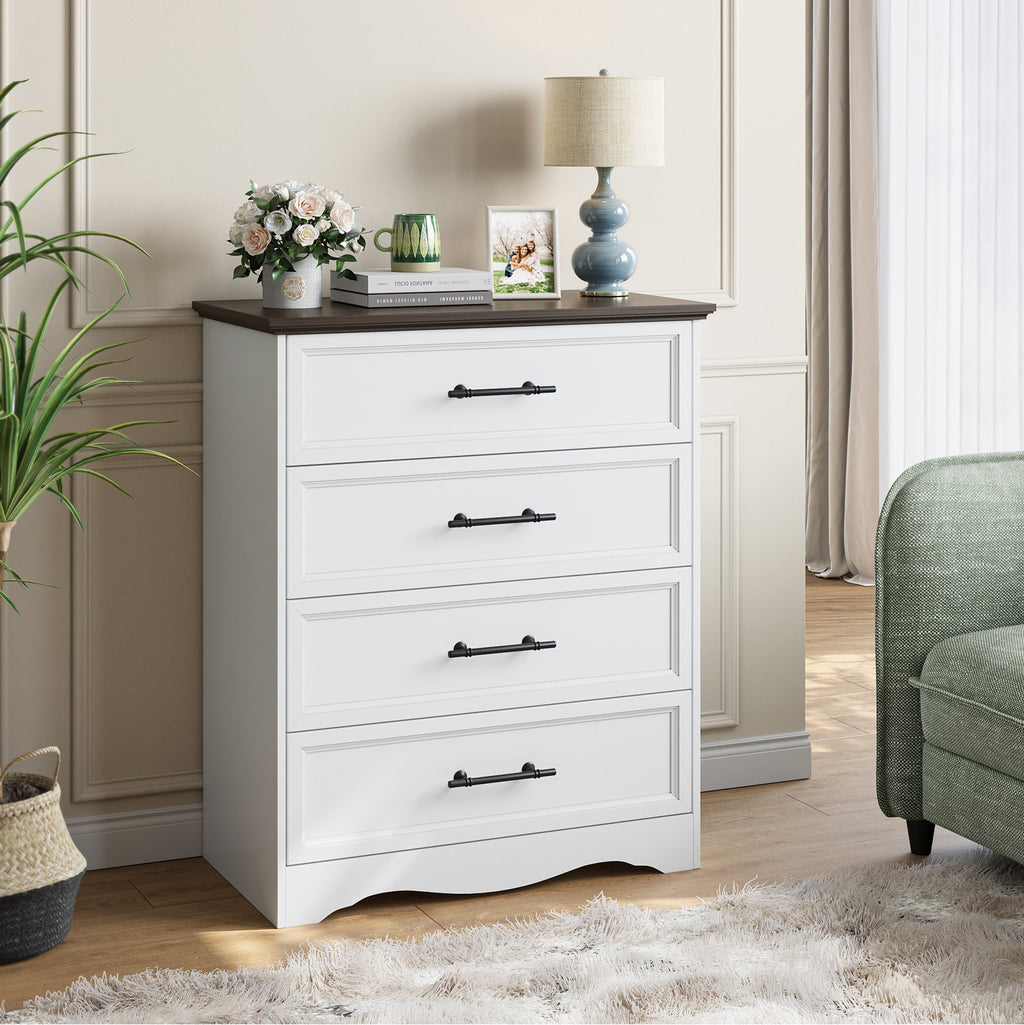 Classic White 4-Drawer Dresser with Wood Top and Metal Handles