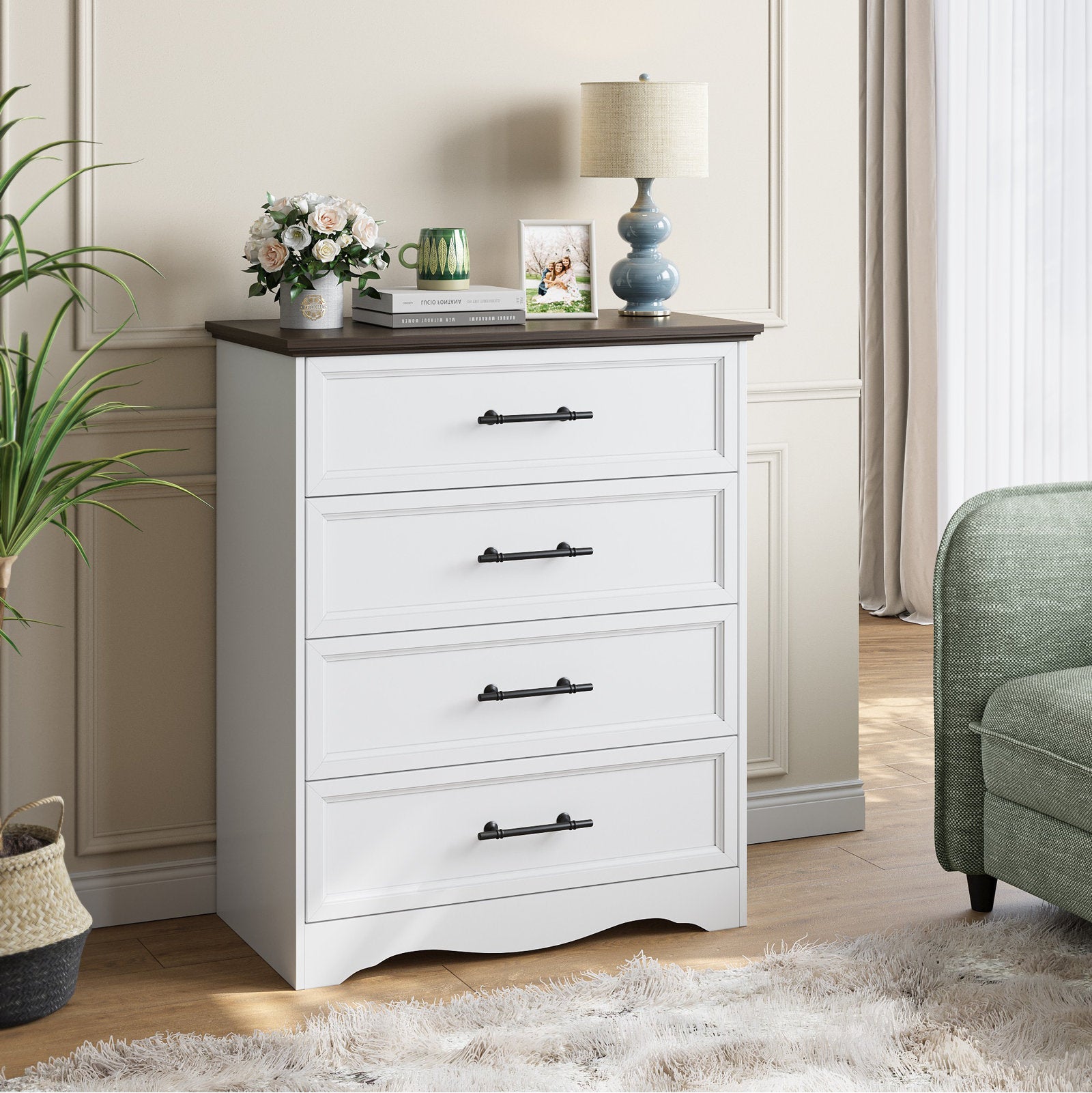 Classic White 4-Drawer Dresser with Wood Top and Metal Handles