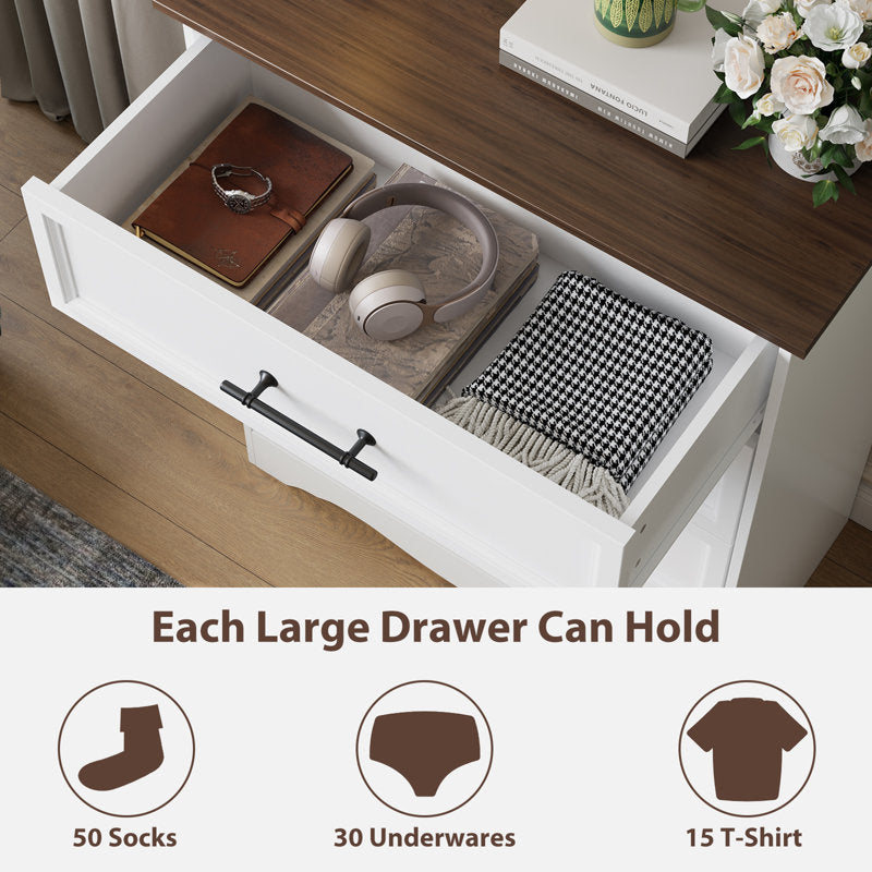 Classic White 4-Drawer Dresser with Wood Top and Metal Handles