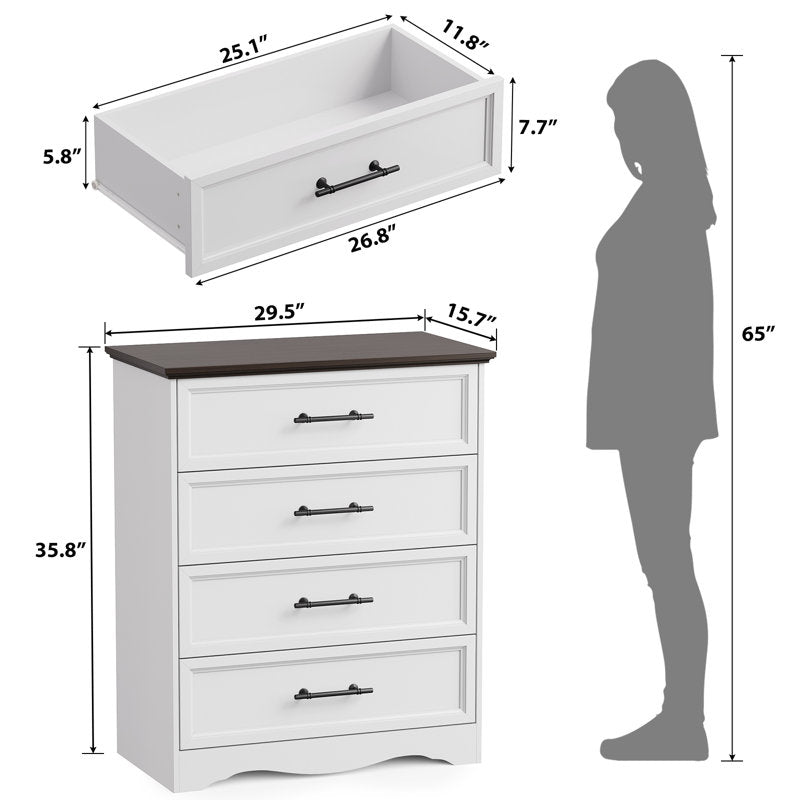 Classic White 4-Drawer Dresser with Wood Top and Metal Handles