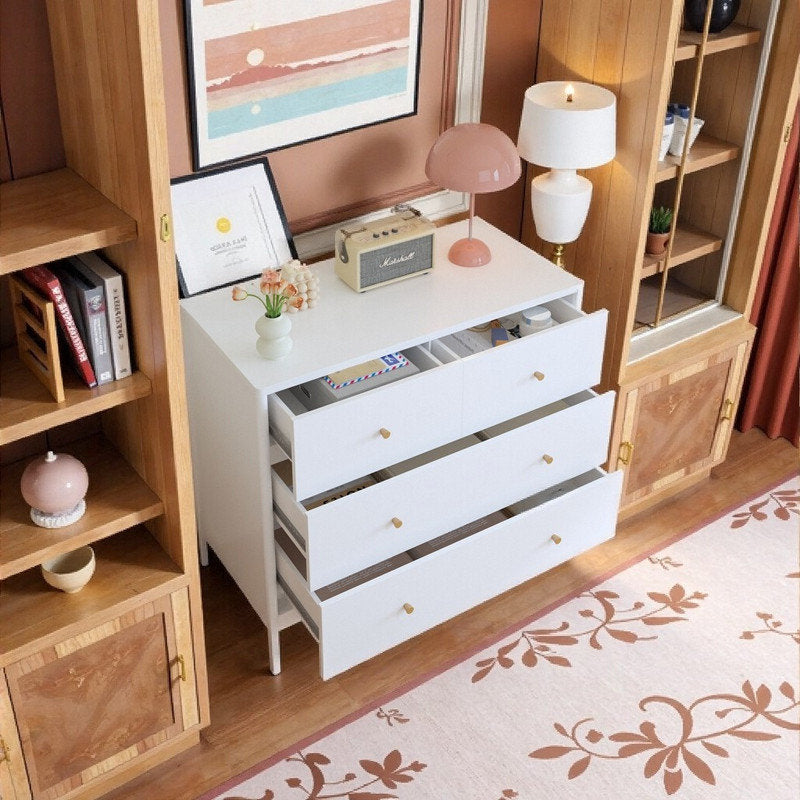 Minimalist White Chest Organizer with 4 Large Drawers for Bedroom or Living Room