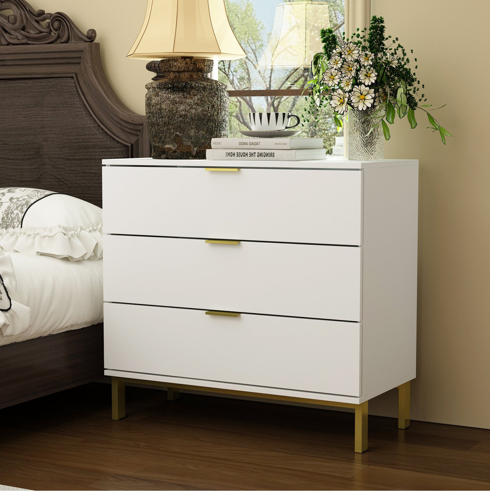 Elegant Bedroom Dresser with Gold Hardware and Elevated Base