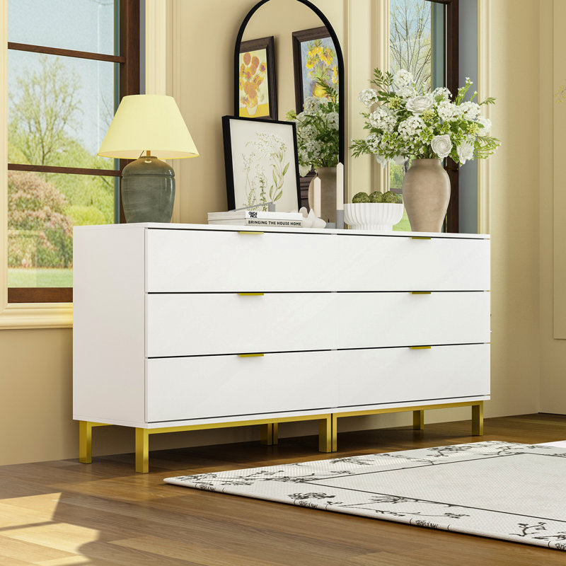 Elegant Bedroom Dresser with Gold Hardware and Elevated Base