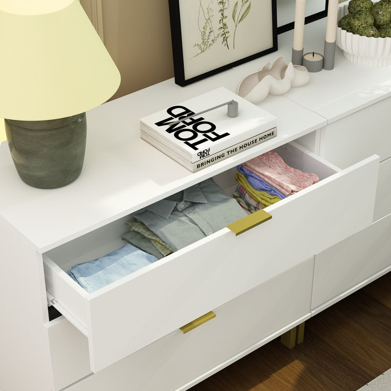 Elegant Bedroom Dresser with Gold Hardware and Elevated Base