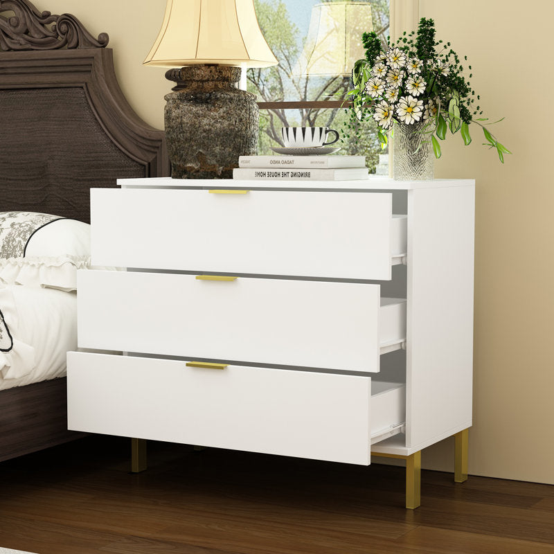 Elegant Bedroom Dresser with Gold Hardware and Elevated Base