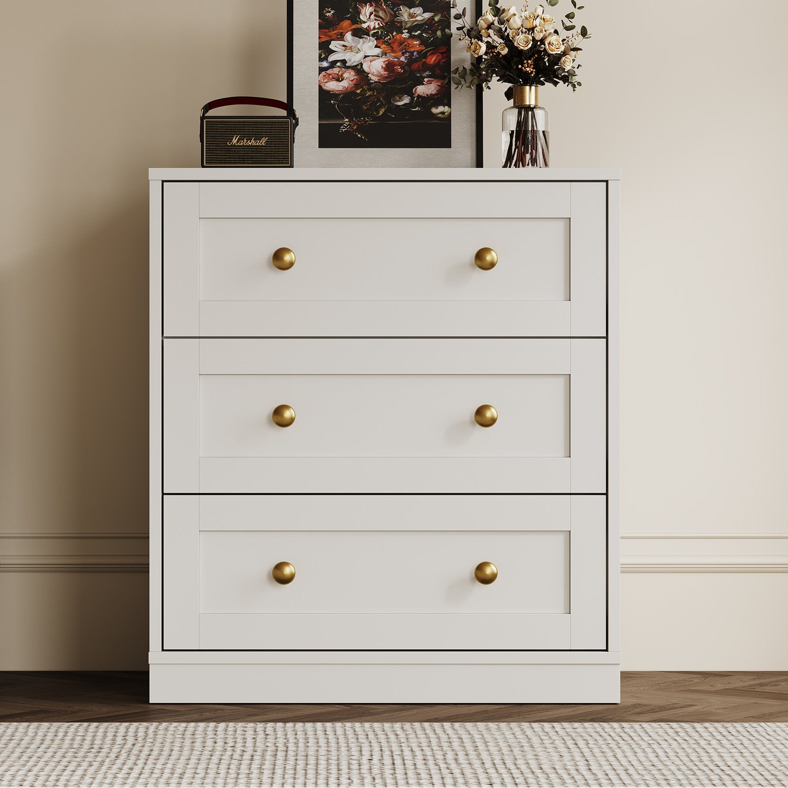 Classic Storage Cabinet with 3 Drawers and Premium Gold Accents