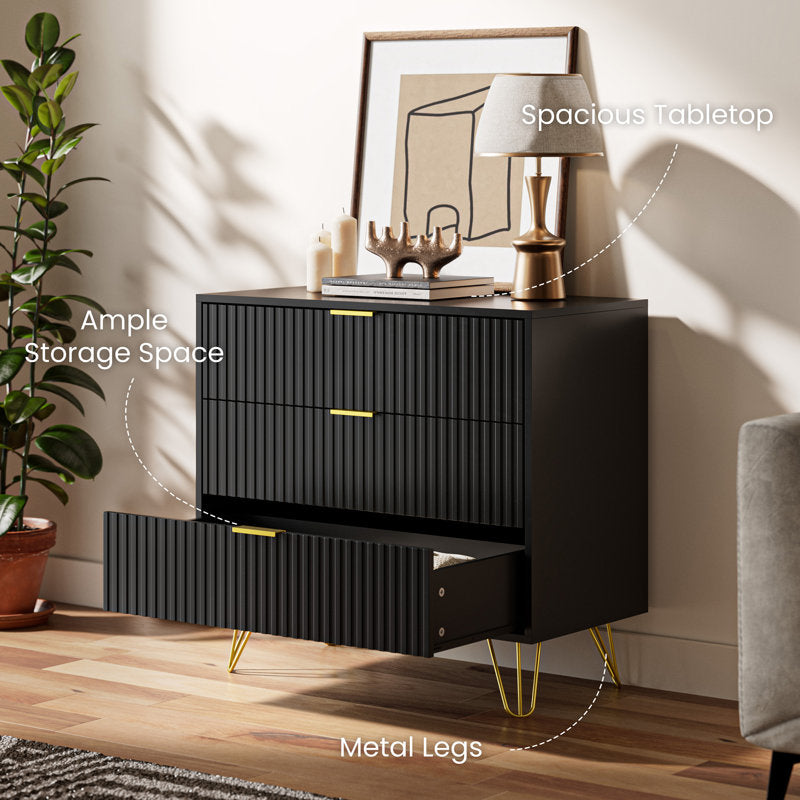 Stylish Bedroom Dresser with Gold Handles and Decorative Fluted Panels