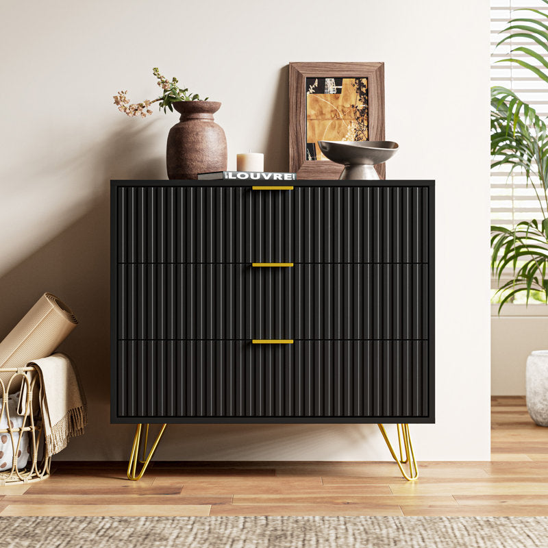 Stylish Bedroom Dresser with Gold Handles and Decorative Fluted Panels