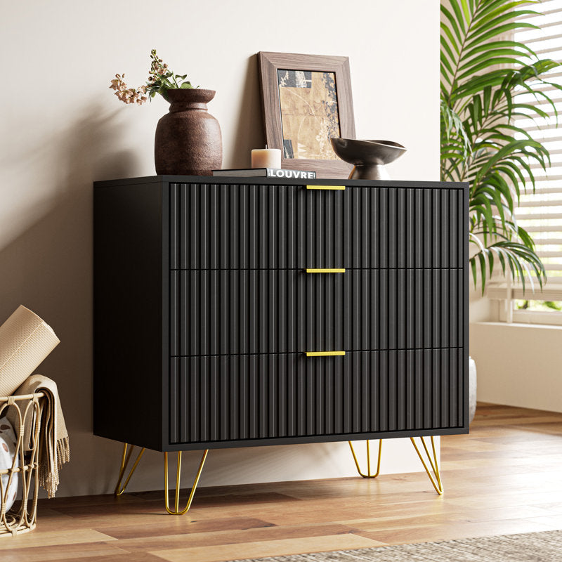 Stylish Bedroom Dresser with Gold Handles and Decorative Fluted Panels