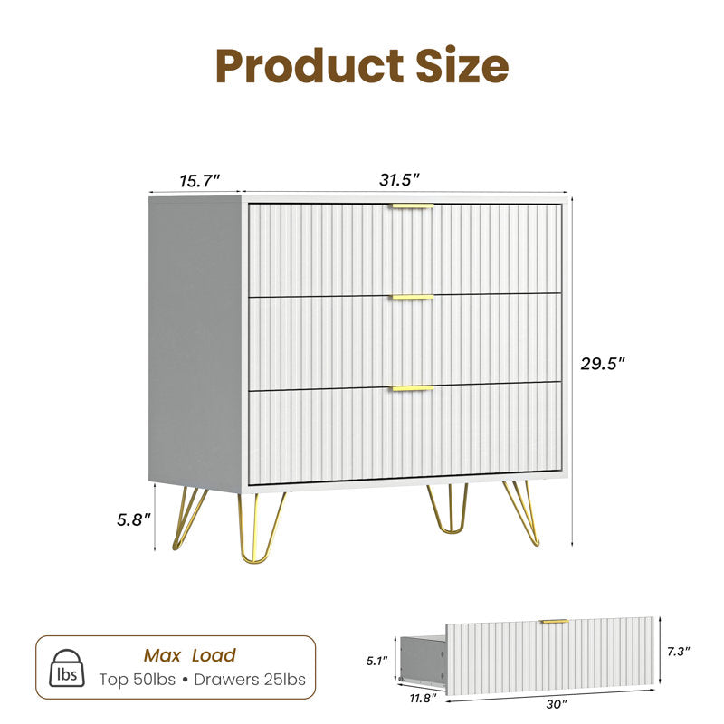 Stylish Bedroom Dresser with Gold Handles and Decorative Fluted Panels
