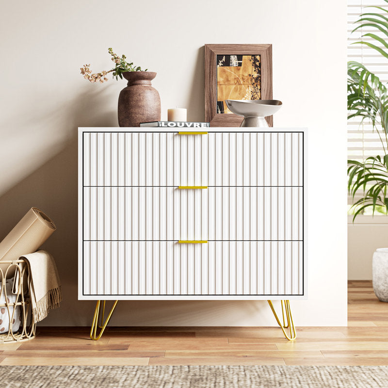 Stylish Bedroom Dresser with Gold Handles and Decorative Fluted Panels