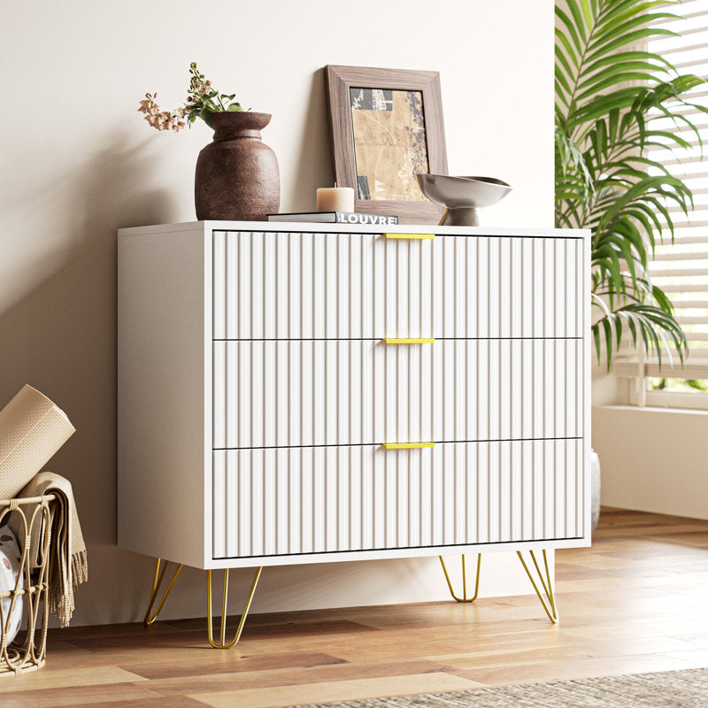 Stylish Bedroom Dresser with Gold Handles and Decorative Fluted Panels