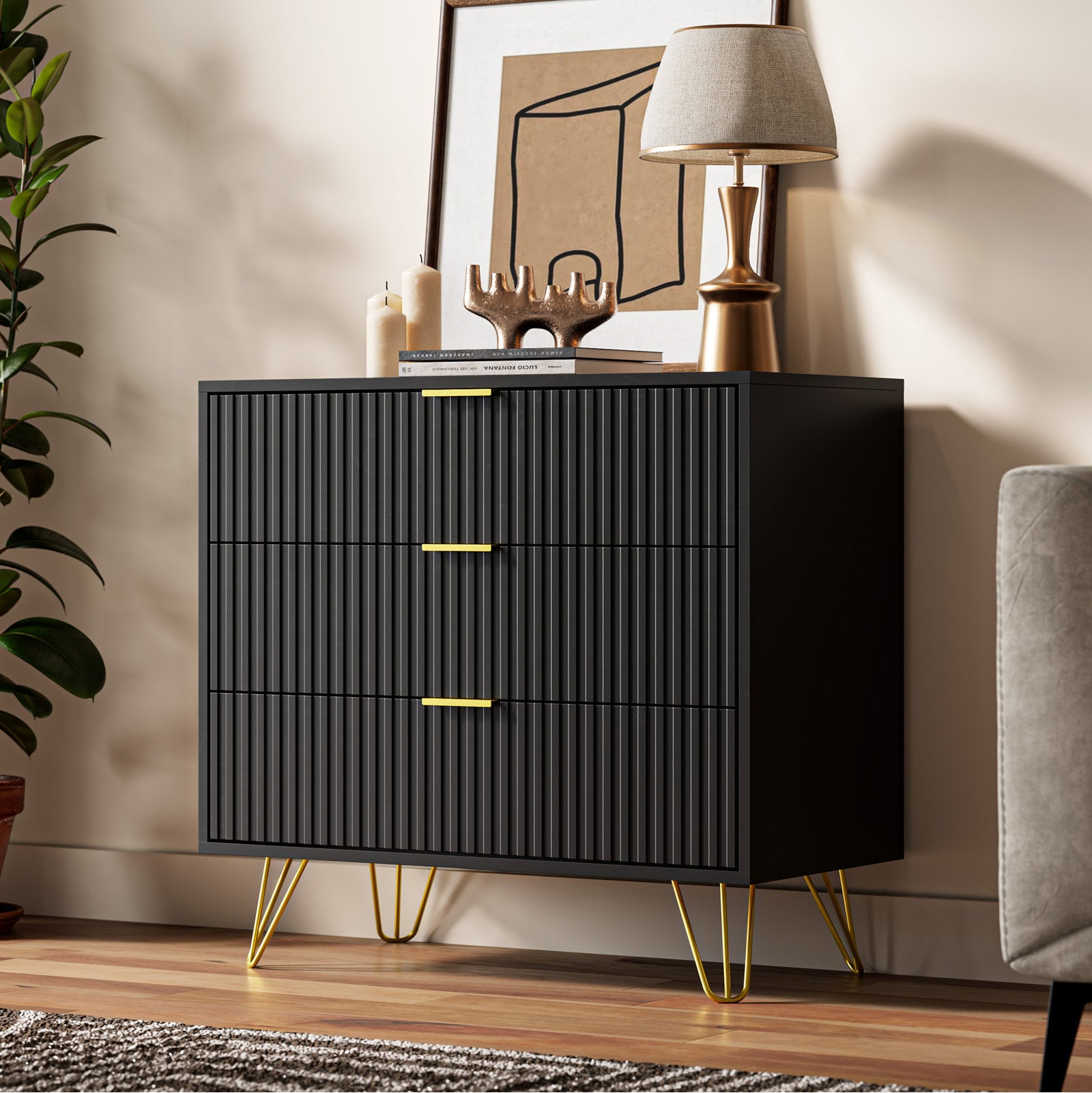 Stylish Bedroom Dresser with Gold Handles and Decorative Fluted Panels