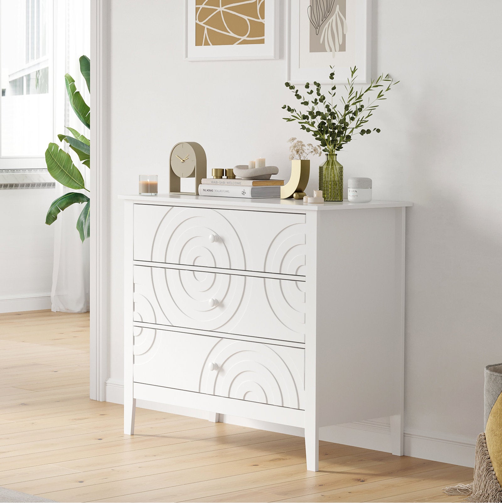 Stylish Bedroom Dresser with Embossed Circle Pattern and Sleek Frame