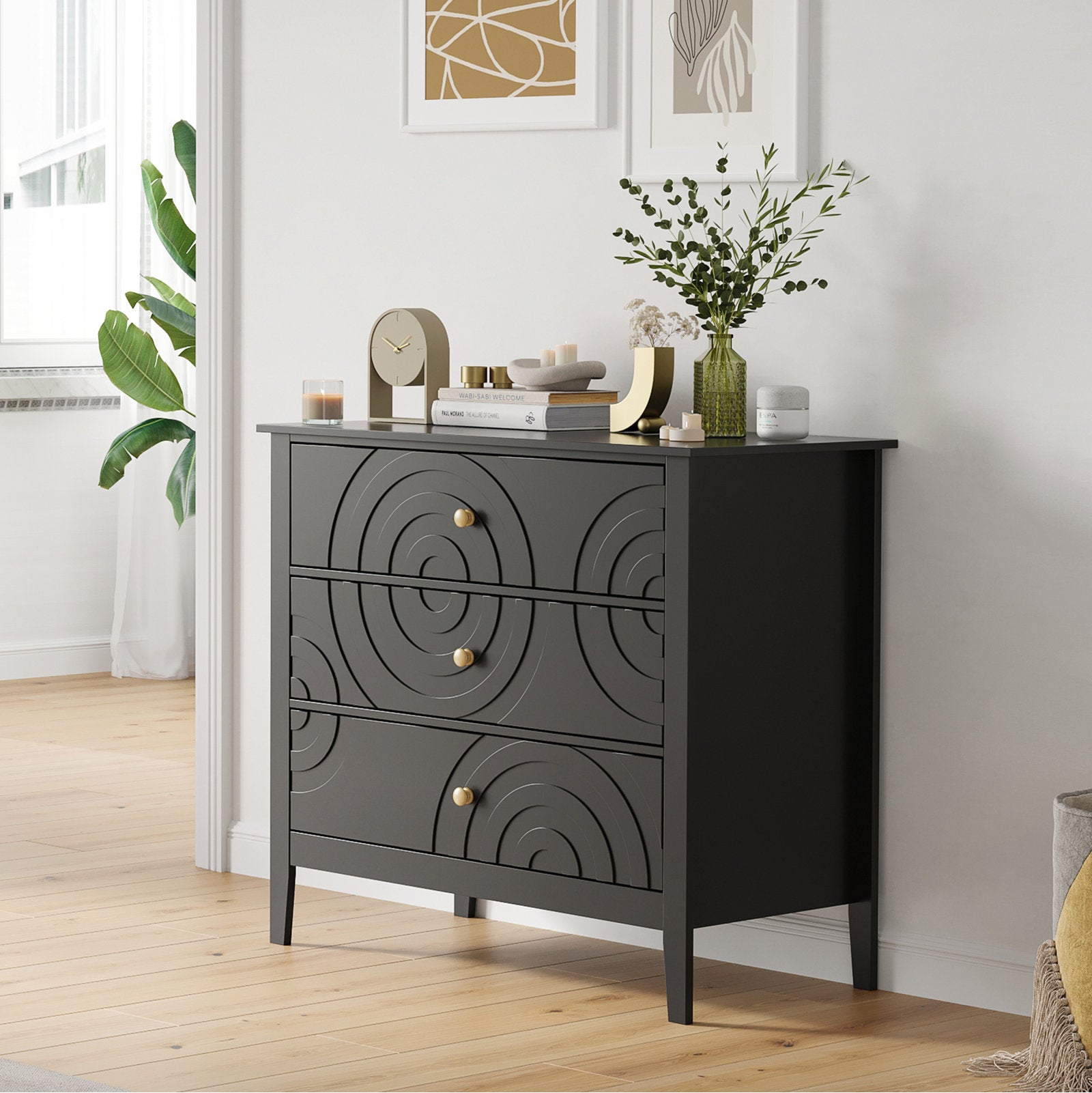 Stylish Bedroom Dresser with Embossed Circle Pattern and Sleek Frame