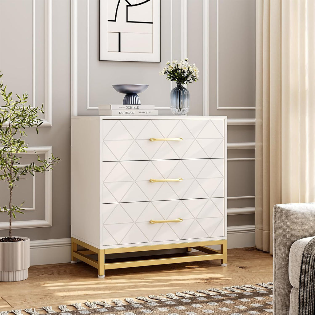 Elegant Bedroom Dresser, Geometric Drawer Front with Gold Accents and Legs