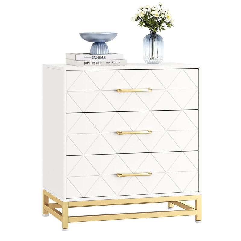 Elegant Bedroom Dresser, Geometric Drawer Front with Gold Accents and Legs