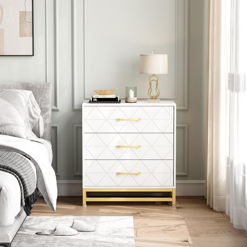 Elegant Bedroom Dresser, Geometric Drawer Front with Gold Accents and Legs