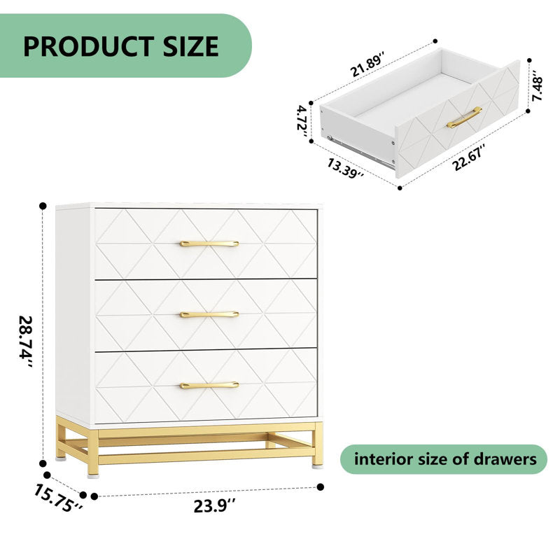 Elegant Bedroom Dresser, Geometric Drawer Front with Gold Accents and Legs