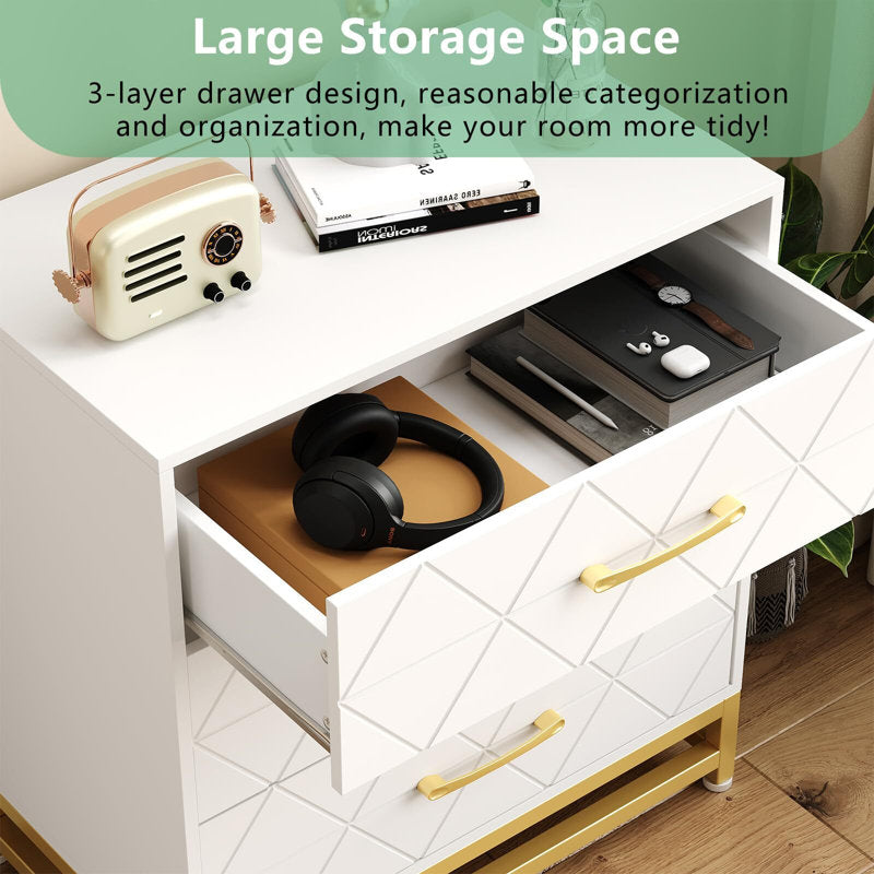 Elegant Bedroom Dresser, Geometric Drawer Front with Gold Accents and Legs