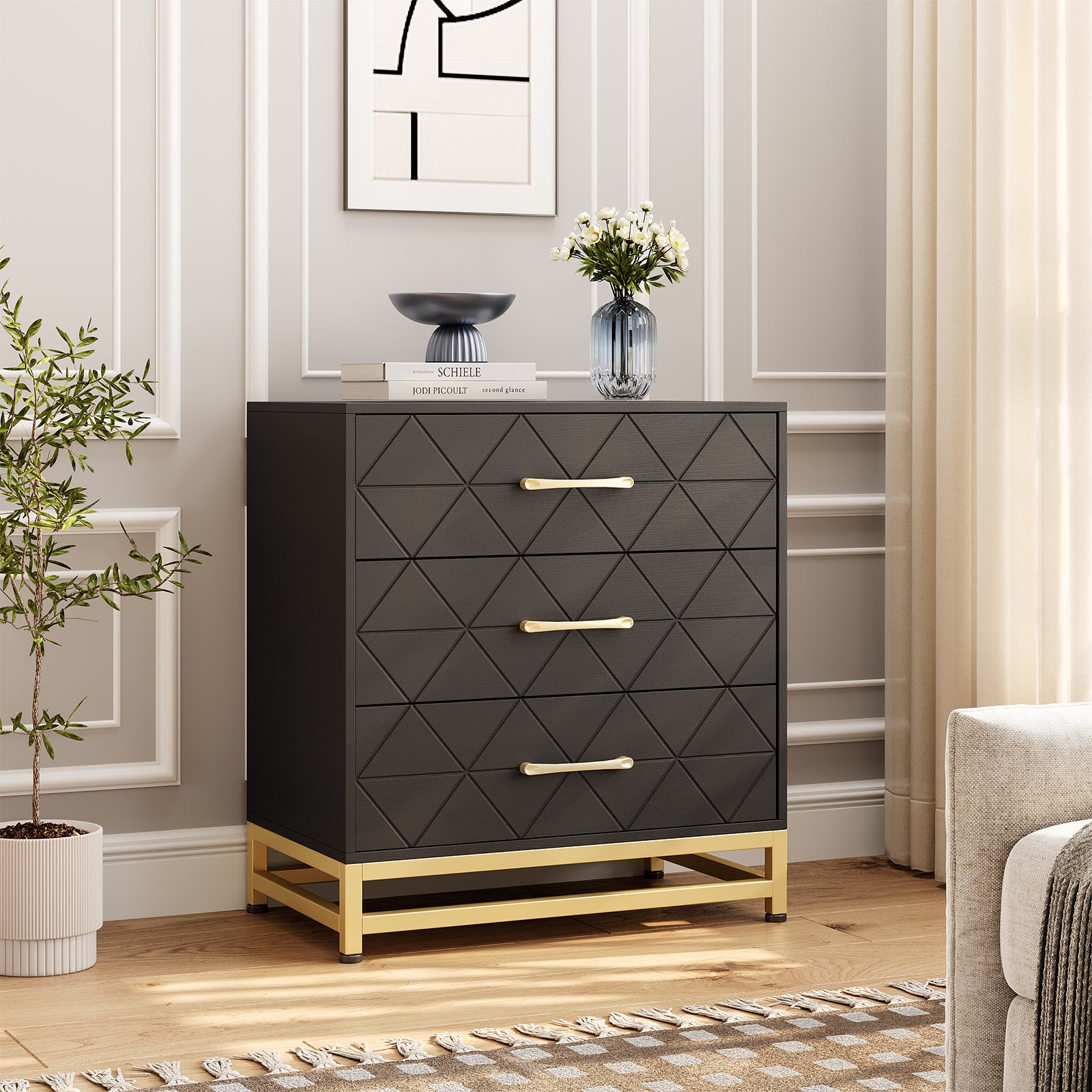 Elegant Bedroom Dresser, Geometric Drawer Front with Gold Accents and Legs