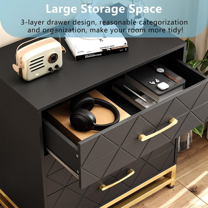 Elegant Bedroom Dresser, Geometric Drawer Front with Gold Accents and Legs