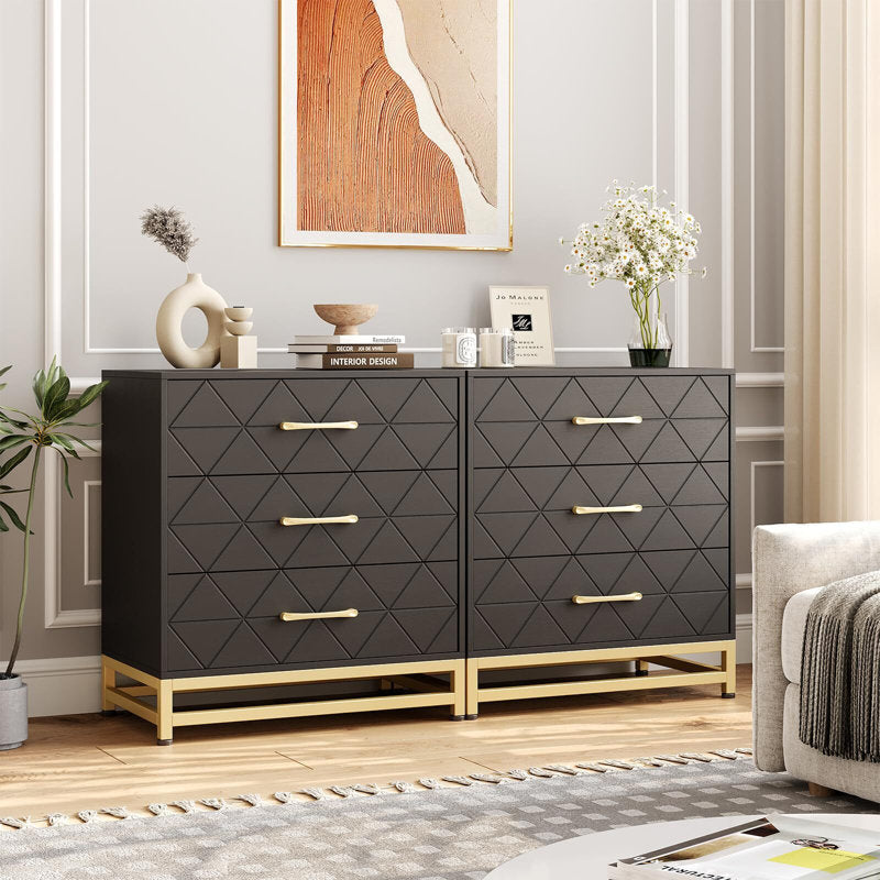 Elegant Bedroom Dresser, Geometric Drawer Front with Gold Accents and Legs