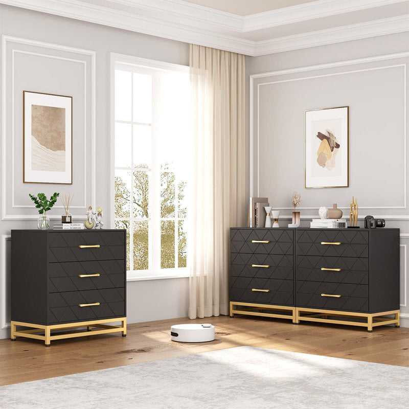 Elegant Bedroom Dresser, Geometric Drawer Front with Gold Accents and Legs