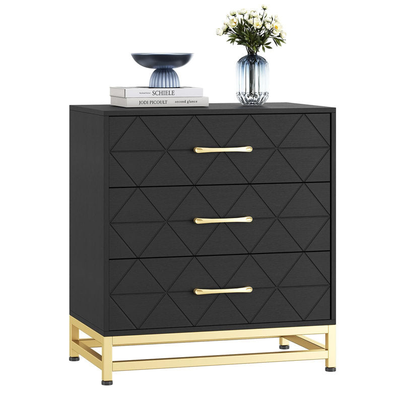 Elegant Bedroom Dresser, Geometric Drawer Front with Gold Accents and Legs